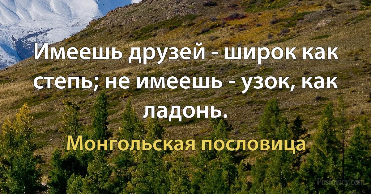 Имеешь друзей - широк как степь; не имеешь - узок, как ладонь. (Монгольская пословица)