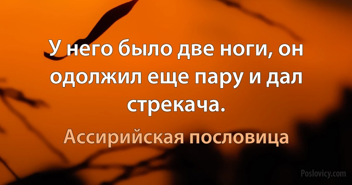 У него было две ноги, он одолжил еще пару и дал стрекача. (Ассирийская пословица)