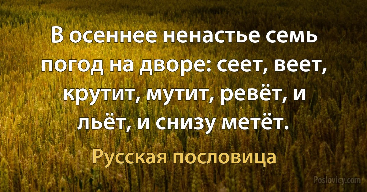 В осеннее ненастье семь погод на дворе: сеет, веет, крутит, мутит, ревёт, и льёт, и снизу метёт. (Русская пословица)