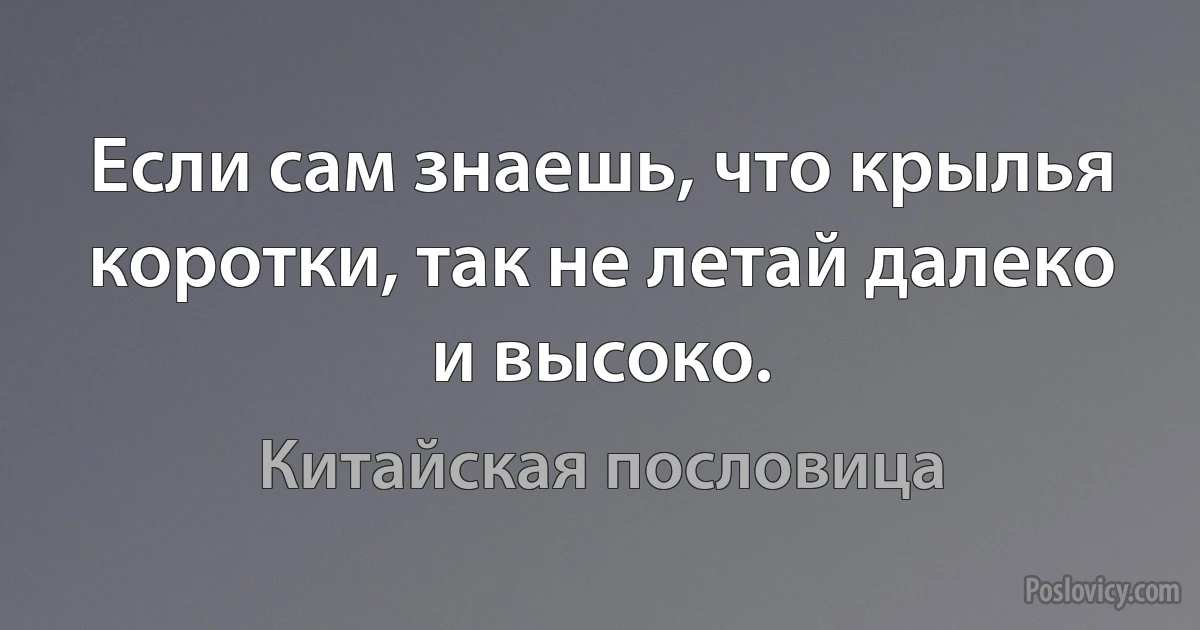 Если сам знаешь, что крылья коротки, так не летай далеко и высоко. (Китайская пословица)