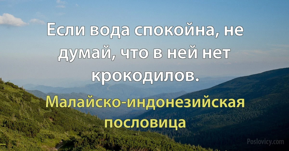 Если вода спокойна, не думай, что в ней нет крокодилов. (Малайско-индонезийская пословица)