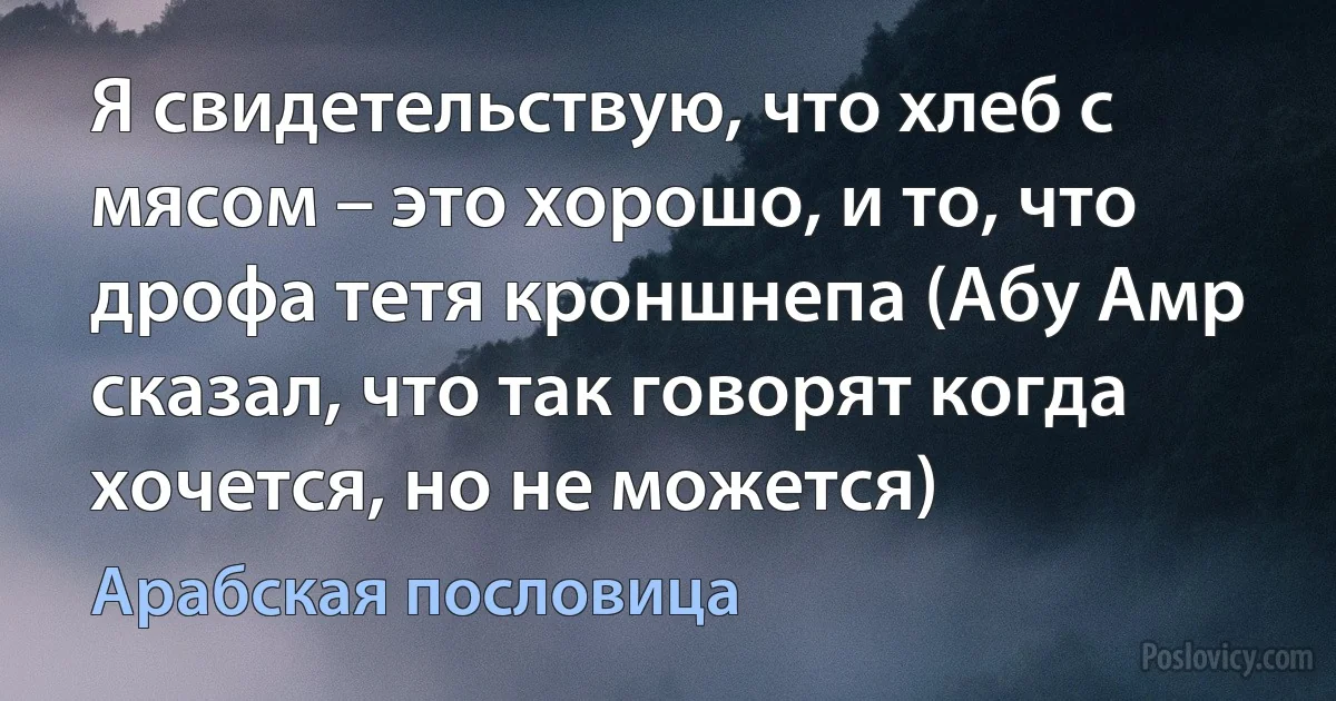 Я свидетельствую, что хлеб с мясом – это хорошо, и то, что дрофа тетя кроншнепа (Абу Амр сказал, что так говорят когда хочется, но не можется) (Арабская пословица)