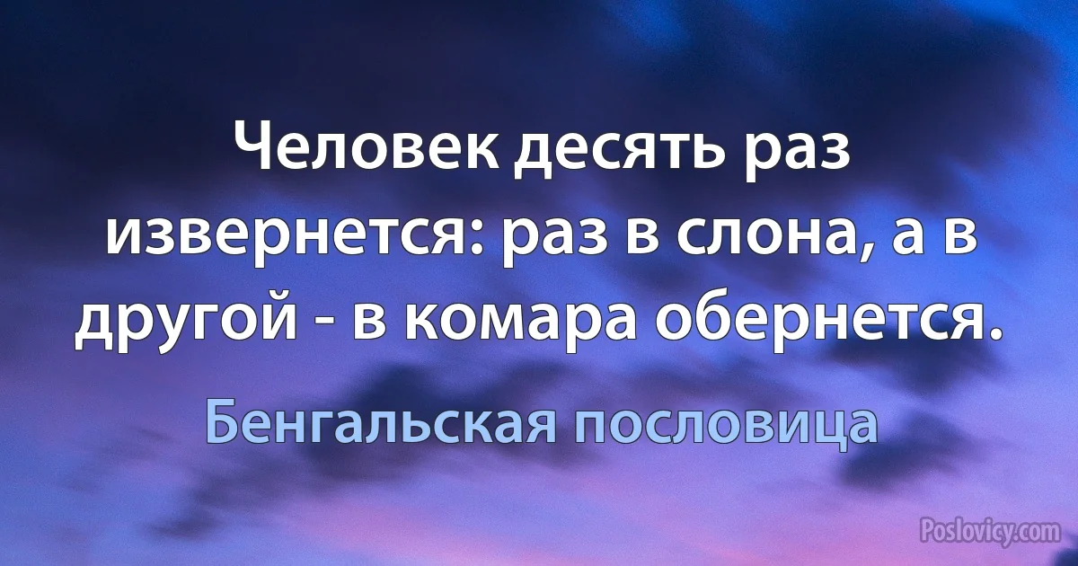 Человек десять раз извернется: раз в слона, а в другой - в комара обернется. (Бенгальская пословица)