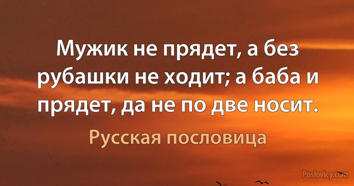 Мужик не прядет, а без рубашки не ходит; а баба и прядет, да не по две носит. (Русская пословица)