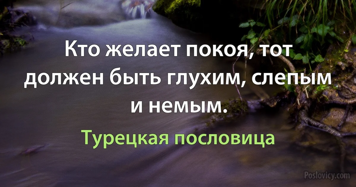 Кто желает покоя, тот должен быть глухим, слепым и немым. (Турецкая пословица)