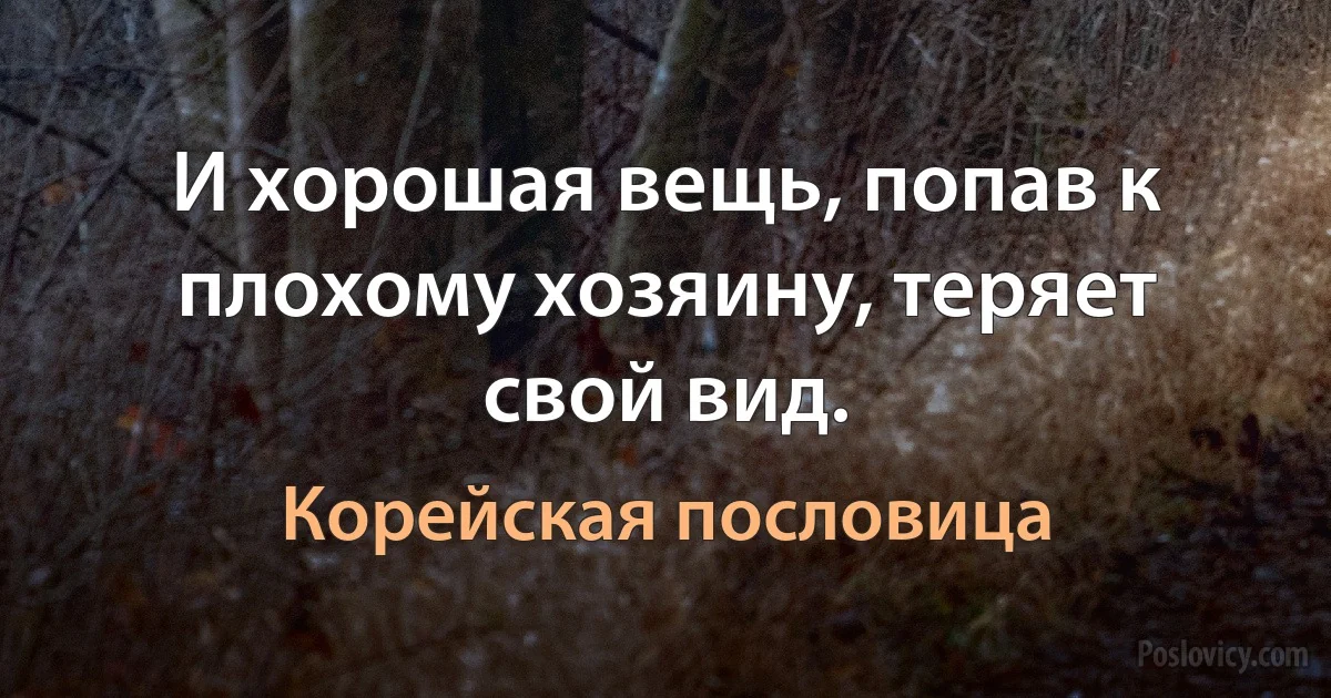 И хорошая вещь, попав к плохому хозяину, теряет свой вид. (Корейская пословица)