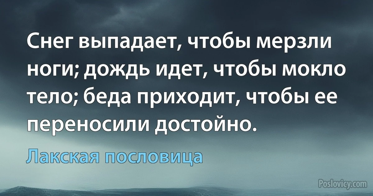 Снег выпадает, чтобы мерзли ноги; дождь идет, чтобы мокло тело; беда приходит, чтобы ее переносили достойно. (Лакская пословица)