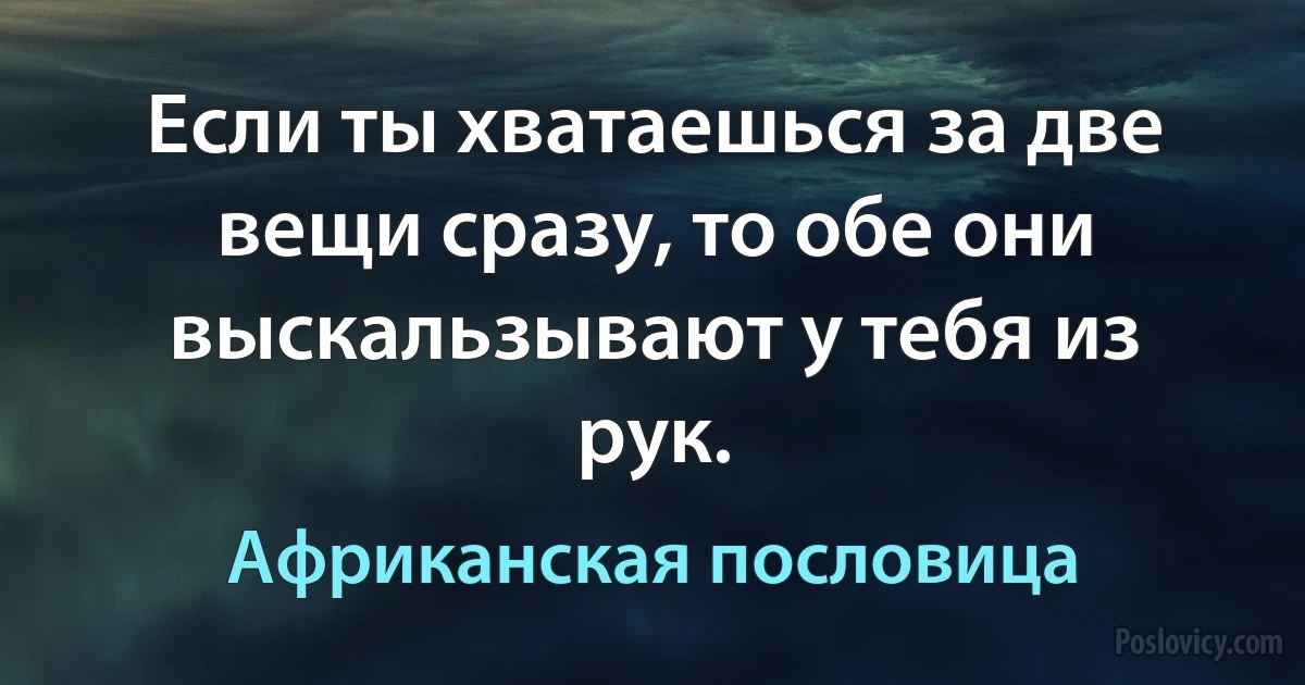 Если ты хватаешься за две вещи сразу, то обе они выскальзывают у тебя из рук. (Африканская пословица)