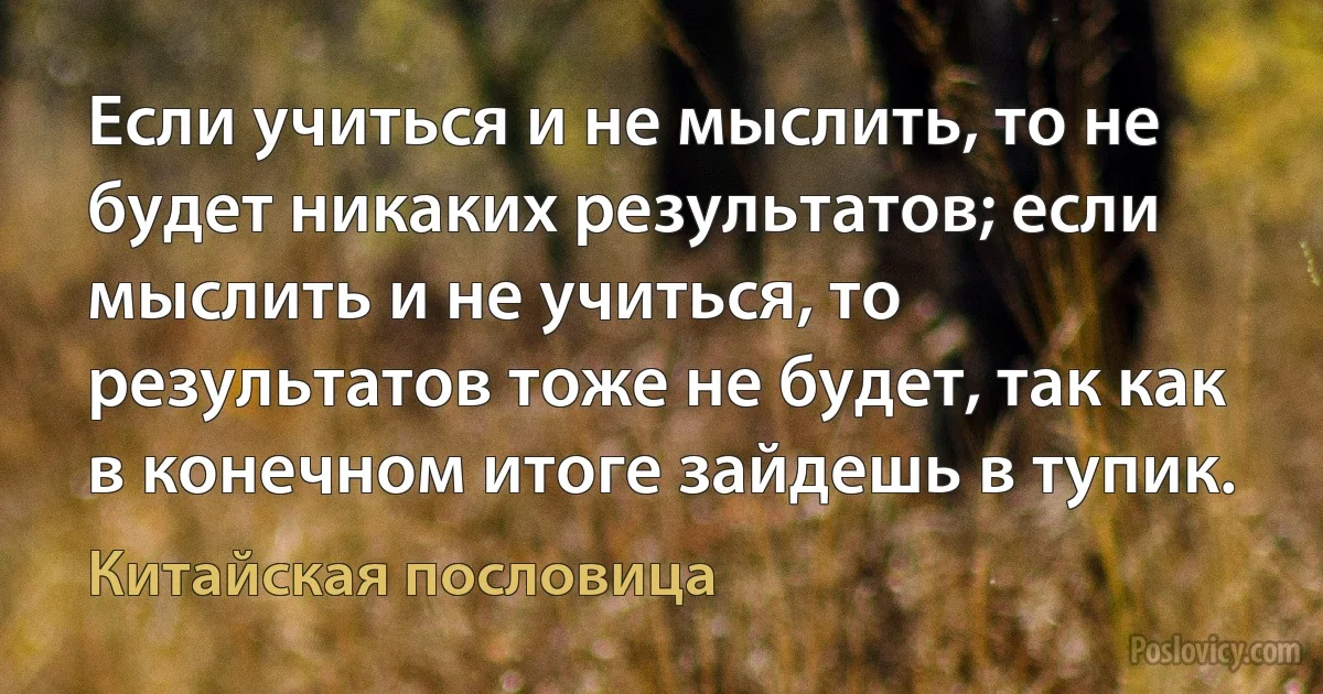 Если учиться и не мыслить, то не будет никаких результатов; если мыслить и не учиться, то результатов тоже не будет, так как в конечном итоге зайдешь в тупик. (Китайская пословица)