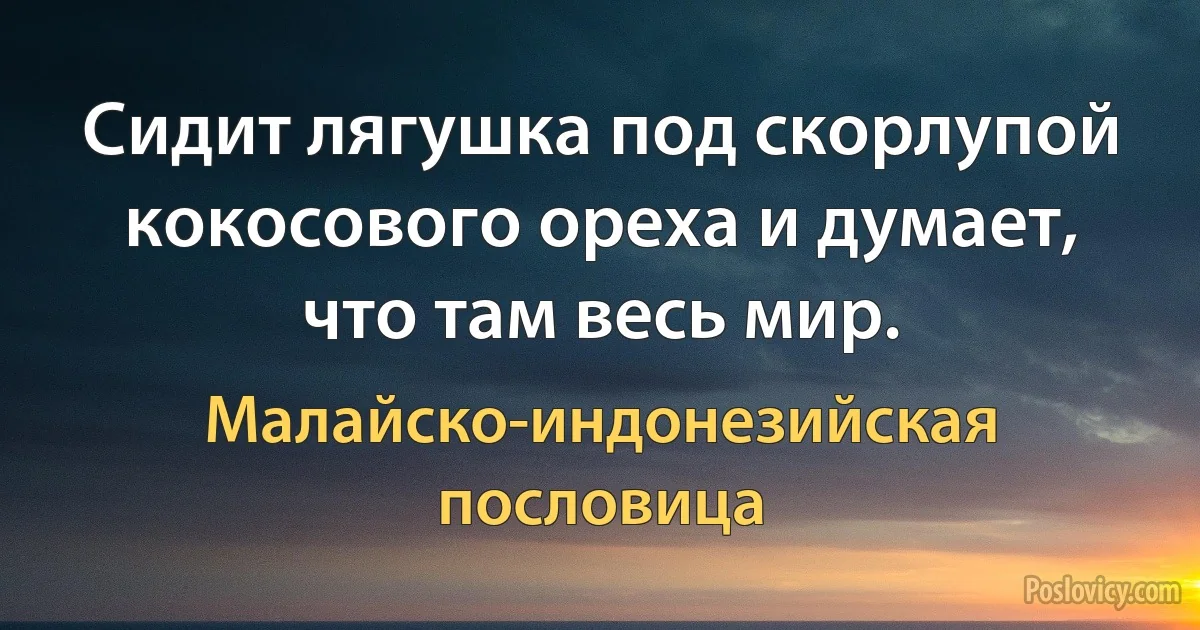 Сидит лягушка под скорлупой кокосового ореха и думает, что там весь мир. (Малайско-индонезийская пословица)