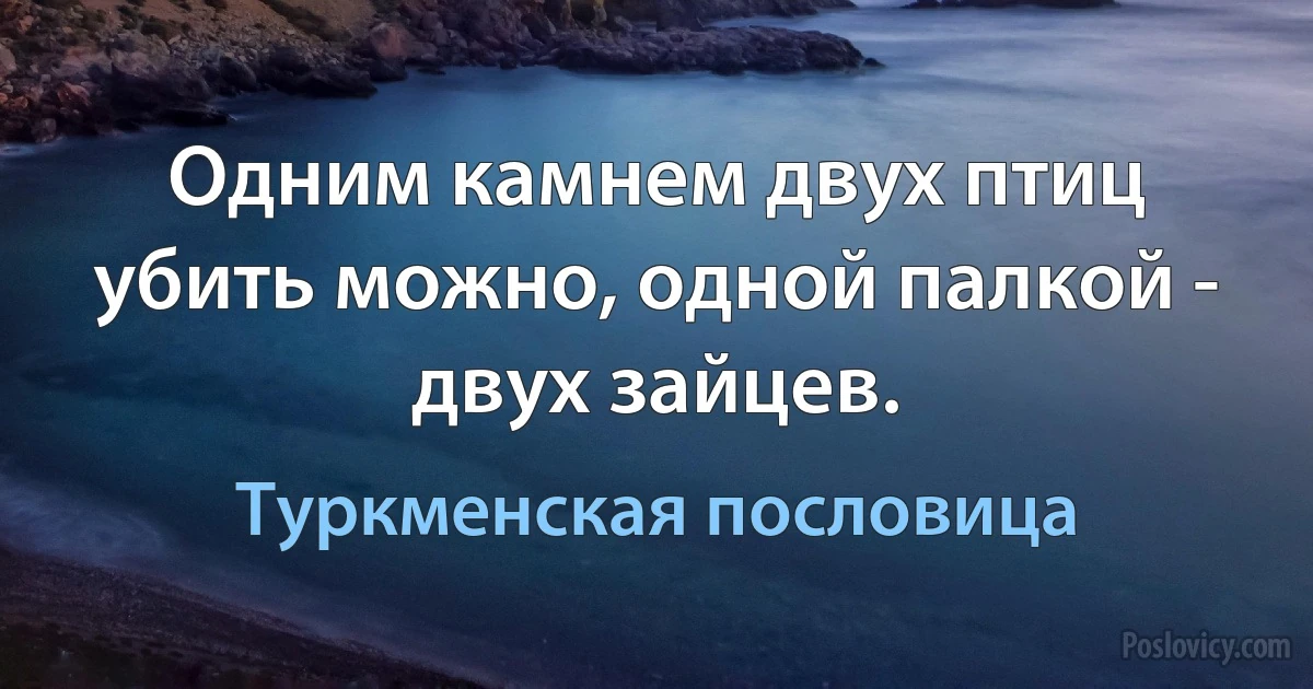 Одним камнем двух птиц убить можно, одной палкой - двух зайцев. (Туркменская пословица)