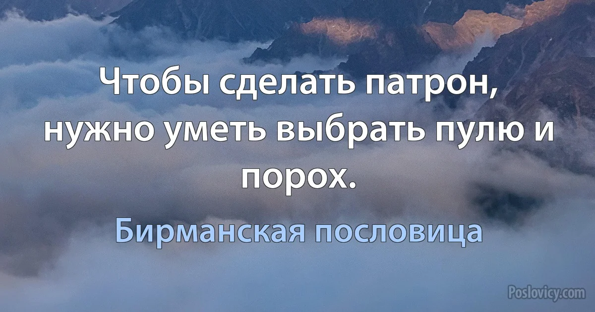 Чтобы сделать патрон, нужно уметь выбрать пулю и порох. (Бирманская пословица)