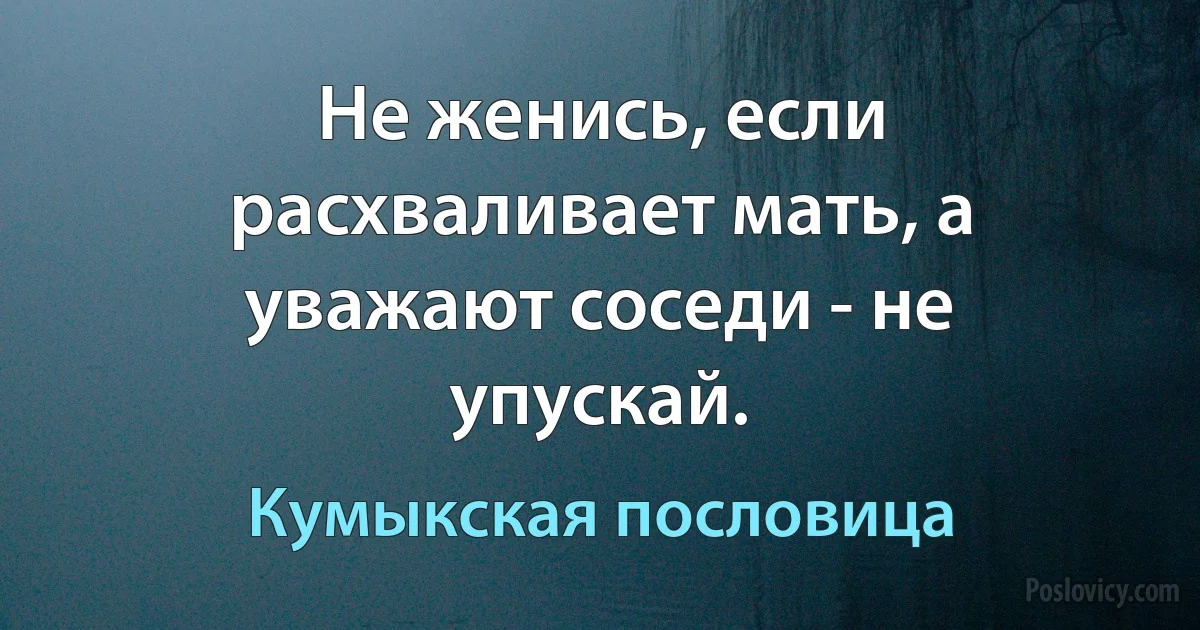 Не женись, если расхваливает мать, а уважают соседи - не упускай. (Кумыкская пословица)