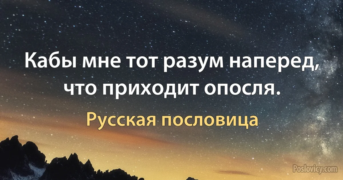 Кабы мне тот разум наперед, что приходит опосля. (Русская пословица)