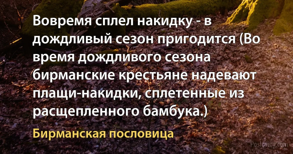 Вовремя сплел накидку - в дождливый сезон пригодится (Во время дождливого сезона бирманские крестьяне надевают плащи-накидки, сплетенные из расщепленного бамбука.) (Бирманская пословица)