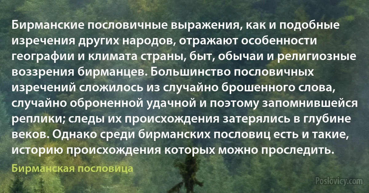 Бирманские пословичные выражения, как и подобные изречения других народов, отражают особенности географии и климата страны, быт, обычаи и религиозные воззрения бирманцев. Большинство пословичных изречений сложилось из случайно брошенного слова, случайно оброненной удачной и поэтому запомнившейся реплики; следы их происхождения затерялись в глубине веков. Однако среди бирманских пословиц есть и такие, историю происхождения которых можно проследить. (Бирманская пословица)