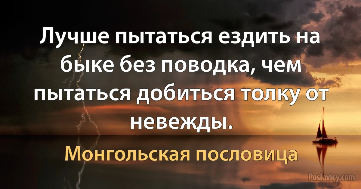 Лучше пытаться ездить на быке без поводка, чем пытаться добиться толку от невежды. (Монгольская пословица)