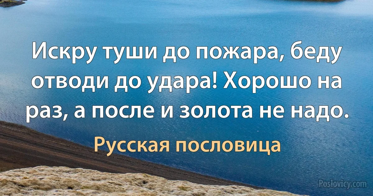 Искру туши до пожара, беду отводи до удара! Хорошо на раз, а после и золота не надо. (Русская пословица)