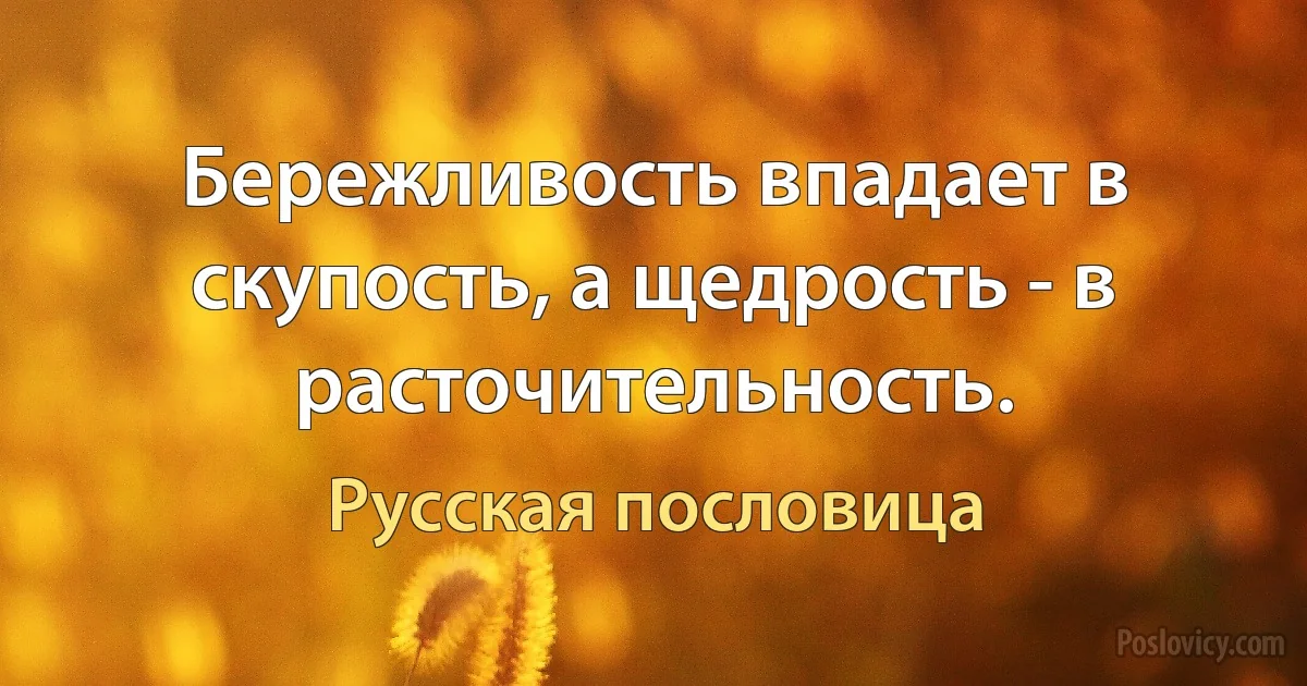 Бережливость впадает в скупость, а щедрость - в расточительность. (Русская пословица)