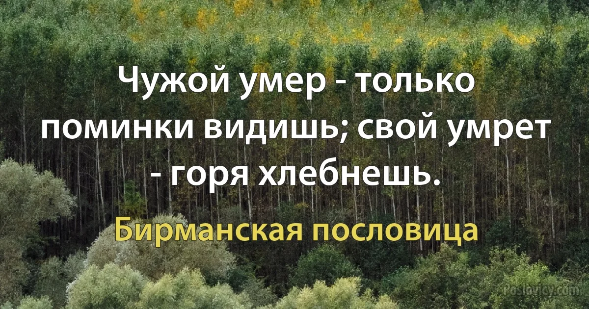 Чужой умер - только поминки видишь; свой умрет - горя хлебнешь. (Бирманская пословица)