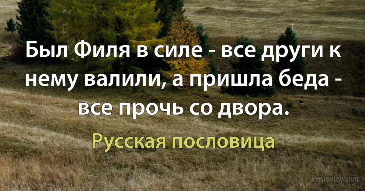 Был Филя в силе - все други к нему валили, а пришла беда - все прочь со двора. (Русская пословица)