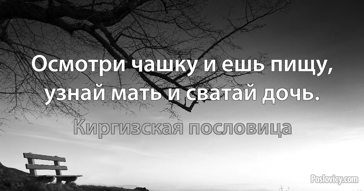 Осмотри чашку и ешь пищу, узнай мать и сватай дочь. (Киргизская пословица)