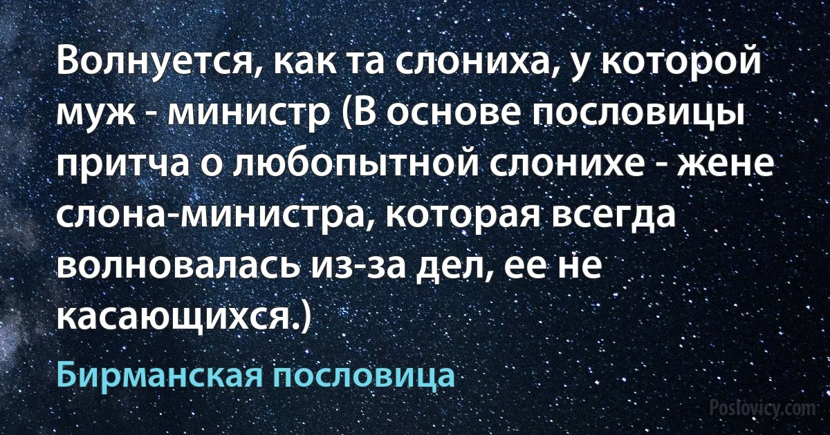 Волнуется, как та слониха, у которой муж - министр (В основе пословицы притча о любопытной слонихе - жене слона-министра, которая всегда волновалась из-за дел, ее не касающихся.) (Бирманская пословица)