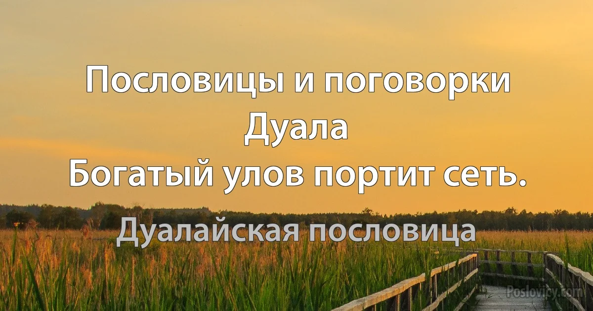 Пословицы и поговорки Дуала
Богатый улов портит сеть. (Дуалайская пословица)