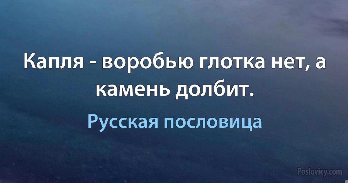 Капля - воробью глотка нет, а камень долбит. (Русская пословица)