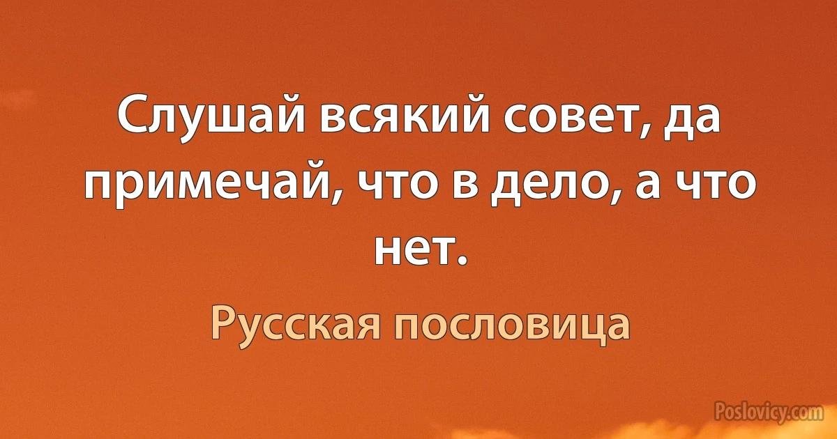 Слушай всякий совет, да примечай, что в дело, а что нет. (Русская пословица)