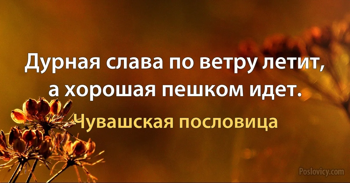 Дурная слава по ветру летит, а хорошая пешком идет. (Чувашская пословица)