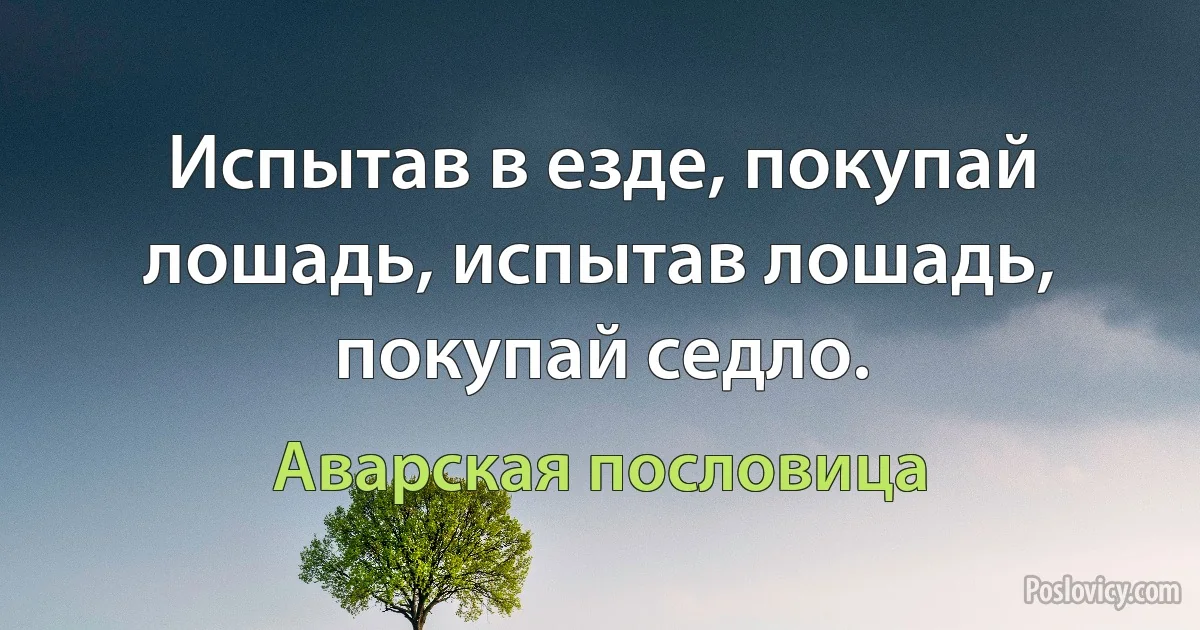 Испытав в езде, покупай лошадь, испытав лошадь, покупай седло. (Аварская пословица)