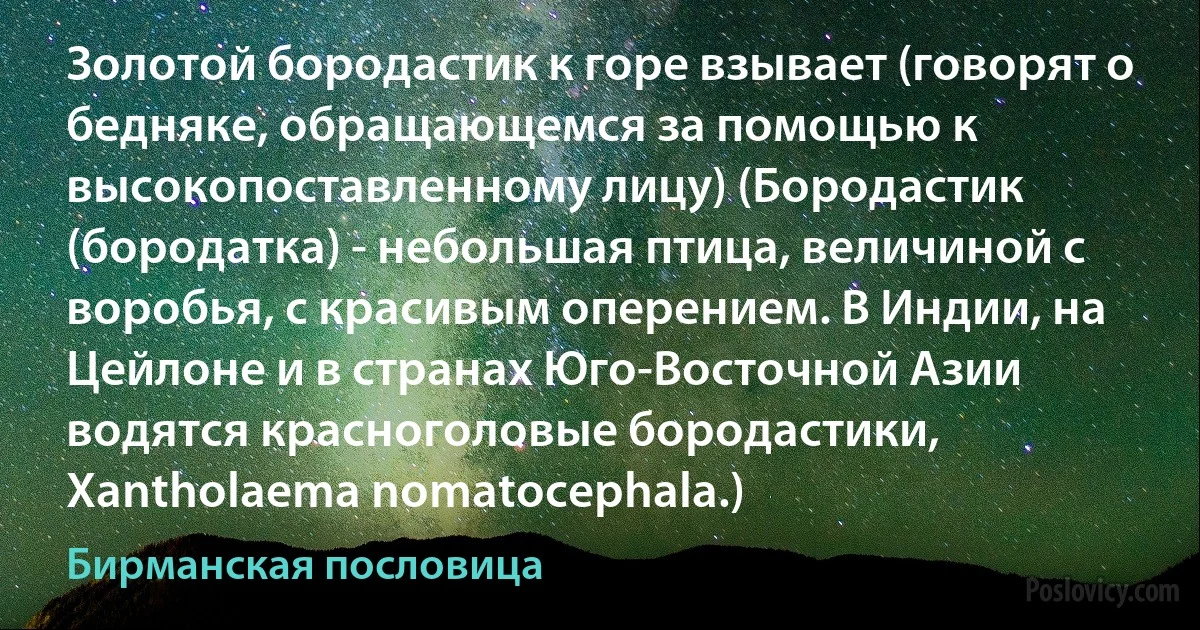 Золотой бородастик к горе взывает (говорят о бедняке, обращающемся за помощью к высокопоставленному лицу) (Бородастик (бородатка) - небольшая птица, величиной с воробья, с красивым оперением. В Индии, на Цейлоне и в странах Юго-Восточной Азии водятся красноголовые бородастики, Xantholaema nomatocephala.) (Бирманская пословица)