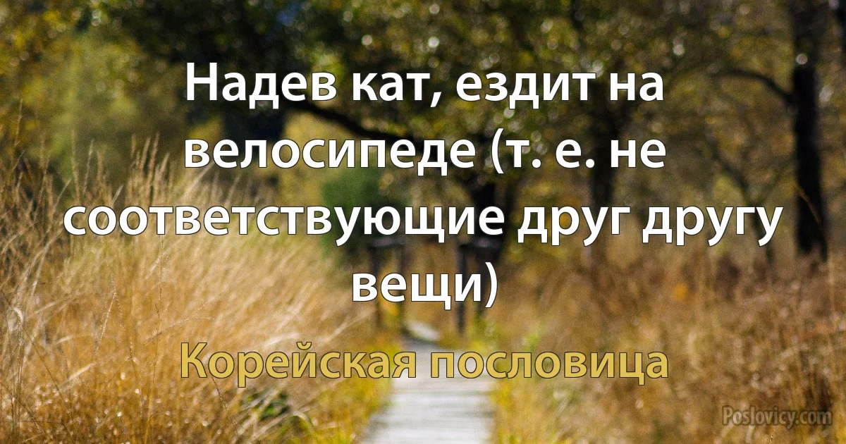 Надев кат, ездит на велосипеде (т. е. не соответствующие друг другу вещи) (Корейская пословица)