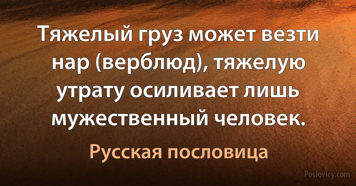 Тяжелый груз может везти нар (верблюд), тяжелую утрату осиливает лишь мужественный человек. (Русская пословица)