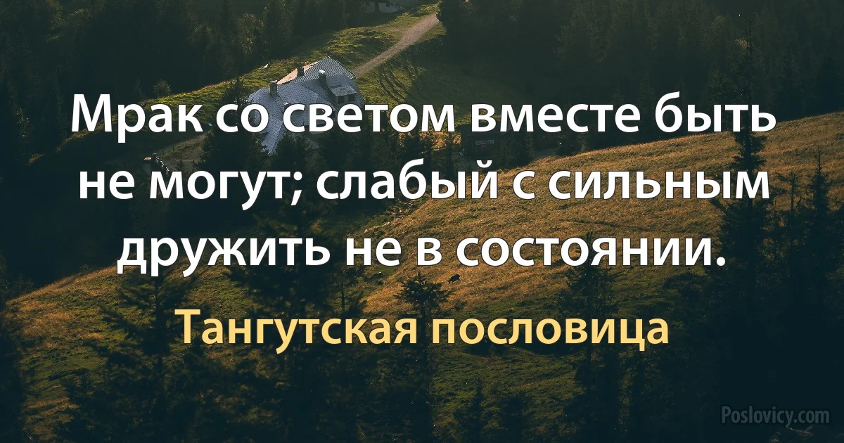 Мрак со светом вместе быть не могут; слабый с сильным дружить не в состоянии. (Тангутская пословица)