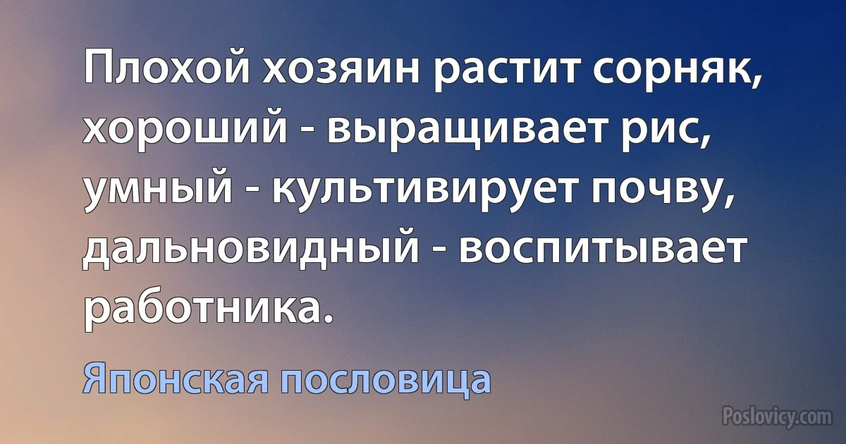 Плохой хозяин растит сорняк, хороший - выращивает рис, умный - культивирует почву, дальновидный - воспитывает работника. (Японская пословица)