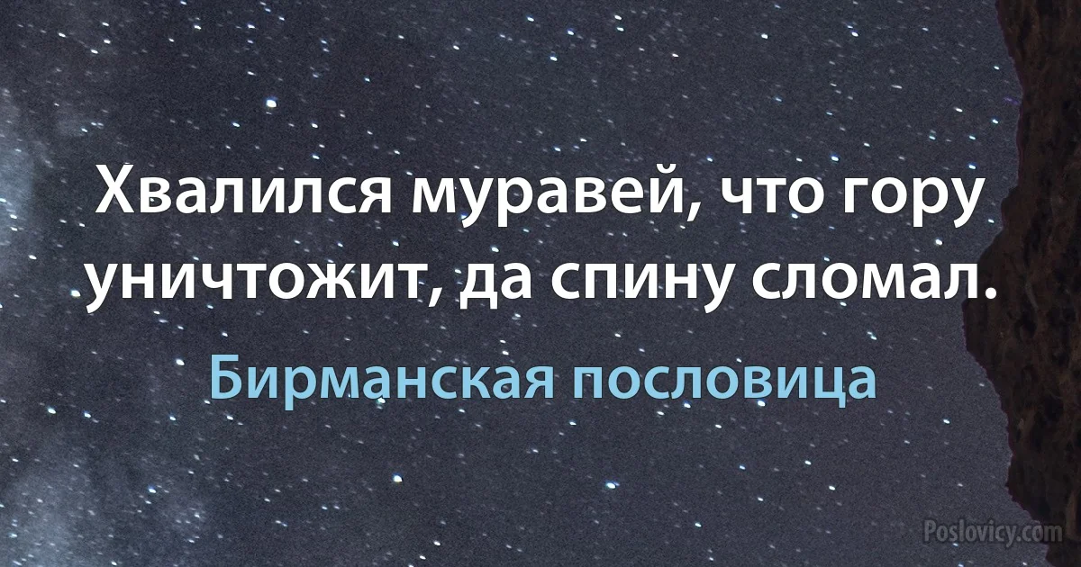 Хвалился муравей, что гору уничтожит, да спину сломал. (Бирманская пословица)