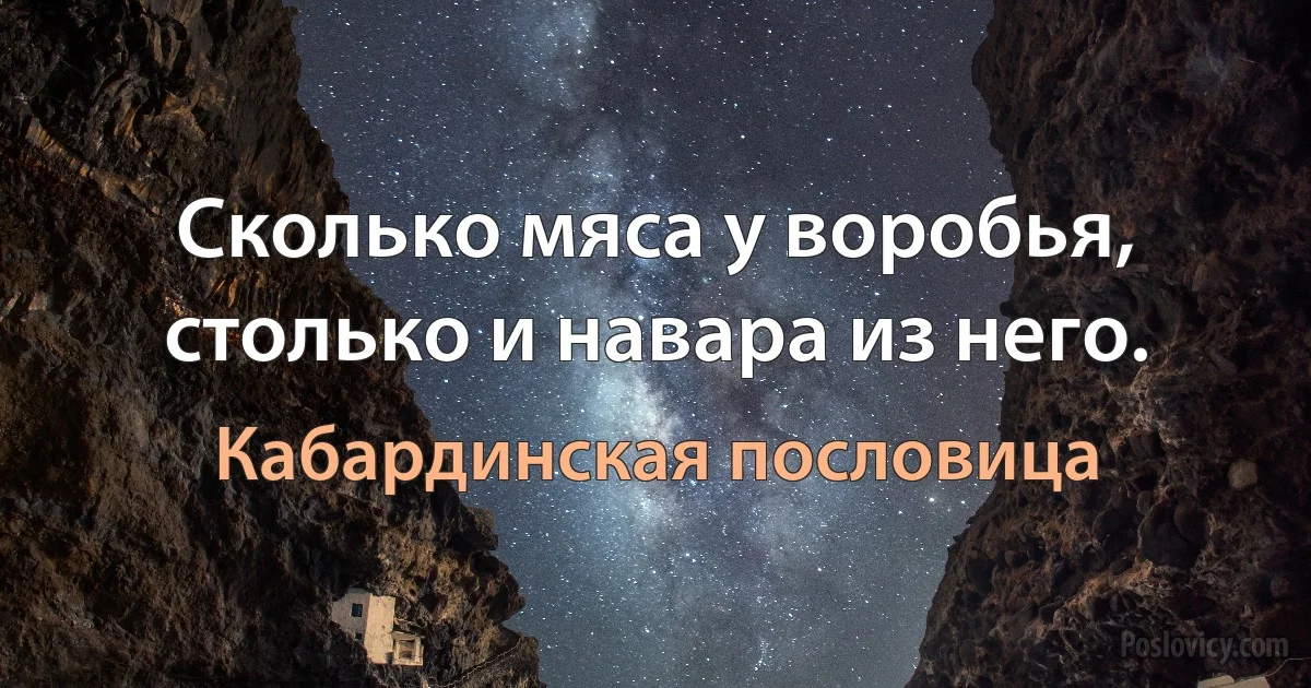 Сколько мяса у воробья, столько и навара из него. (Кабардинская пословица)