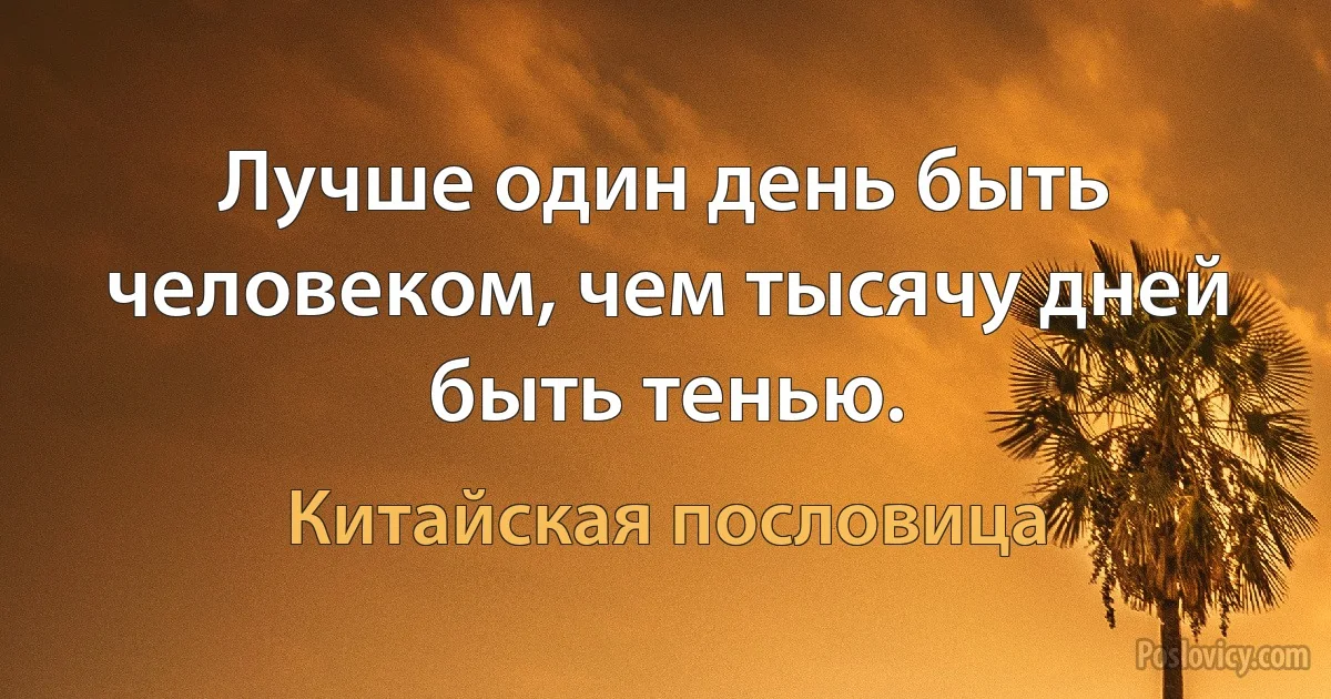 Лучше один день быть человеком, чем тысячу дней быть тенью. (Китайская пословица)