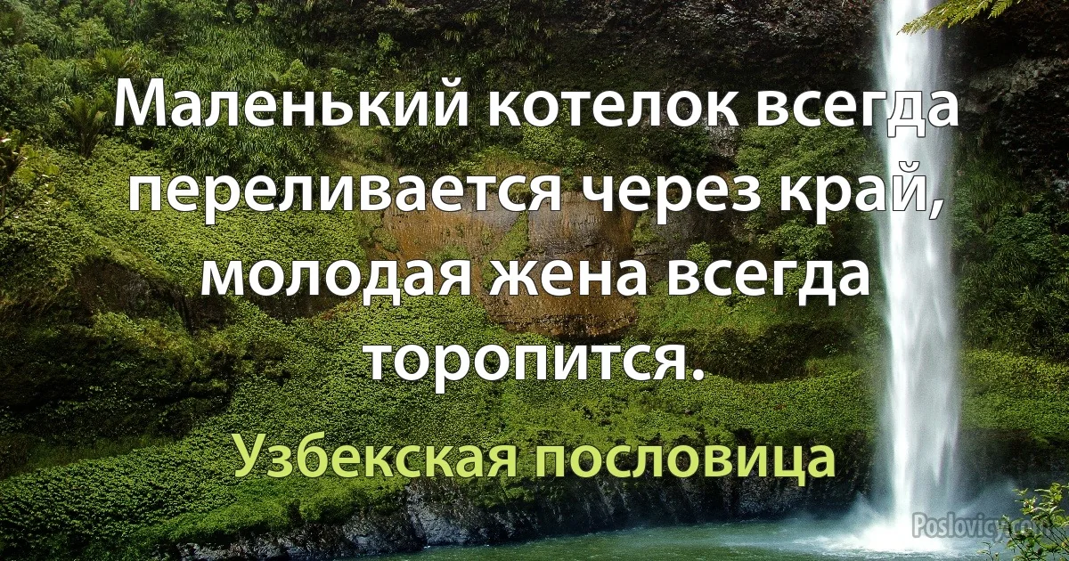 Маленький котелок всегда переливается через край, молодая жена всегда торопится. (Узбекская пословица)