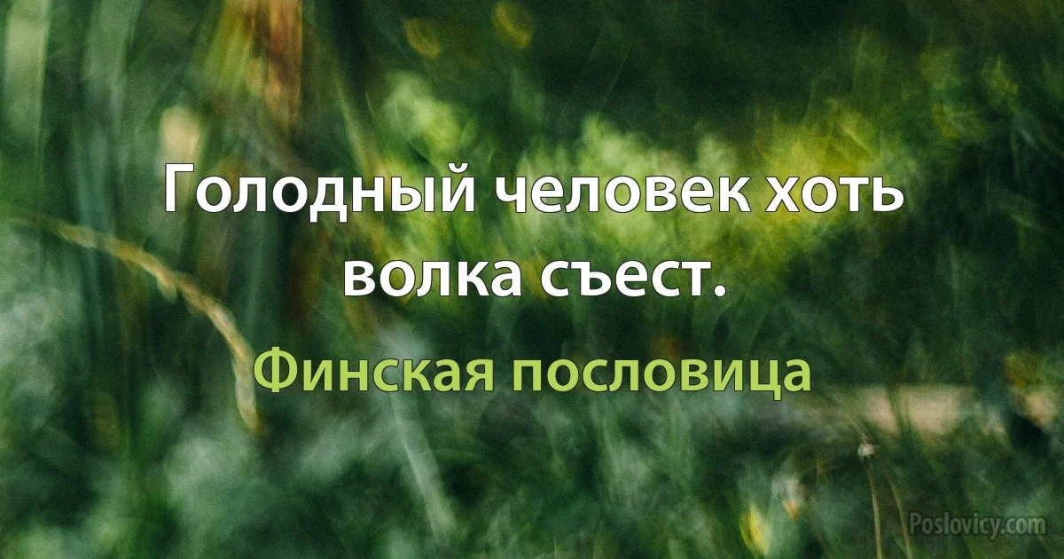 Голодный человек хоть волка съест. (Финская пословица)