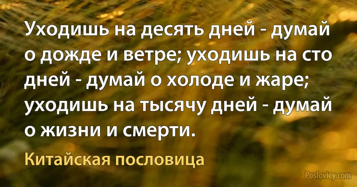 Уходишь на десять дней - думай о дожде и ветре; уходишь на сто дней - думай о холоде и жаре; уходишь на тысячу дней - думай о жизни и смерти. (Китайская пословица)