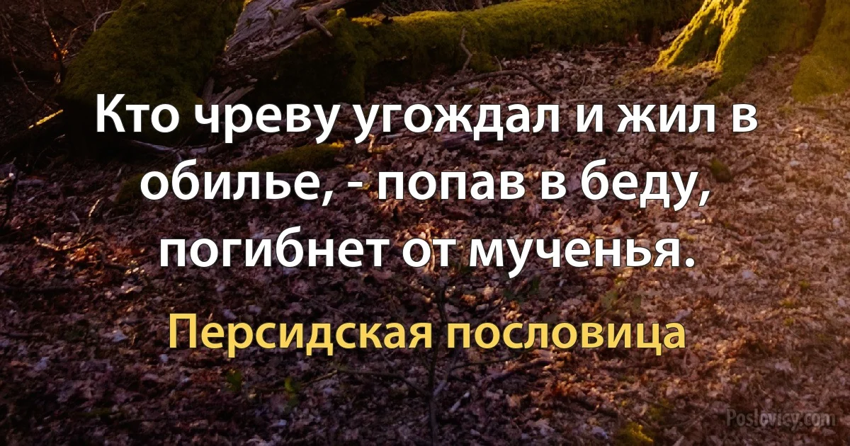 Кто чреву угождал и жил в обилье, - попав в беду, погибнет от мученья. (Персидская пословица)