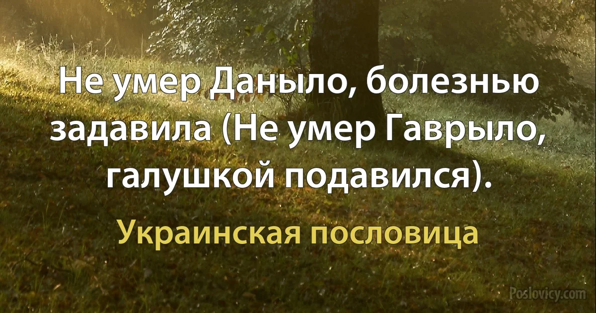 Не умер Даныло, болезнью задавила (Не умер Гаврыло, галушкой подавился). (Украинская пословица)