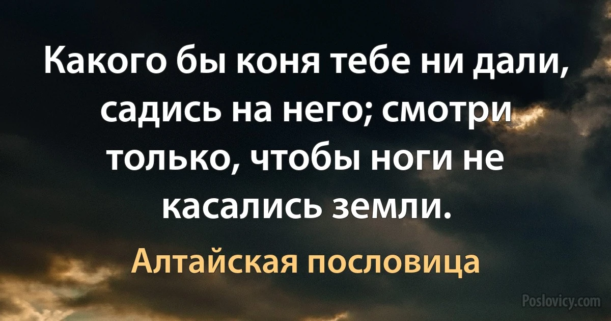 Какого бы коня тебе ни дали, садись на него; смотри только, чтобы ноги не касались земли. (Алтайская пословица)