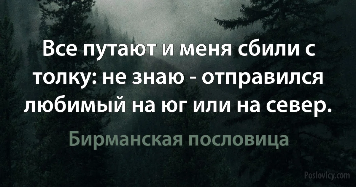 Все путают и меня сбили с толку: не знаю - отправился любимый на юг или на север. (Бирманская пословица)