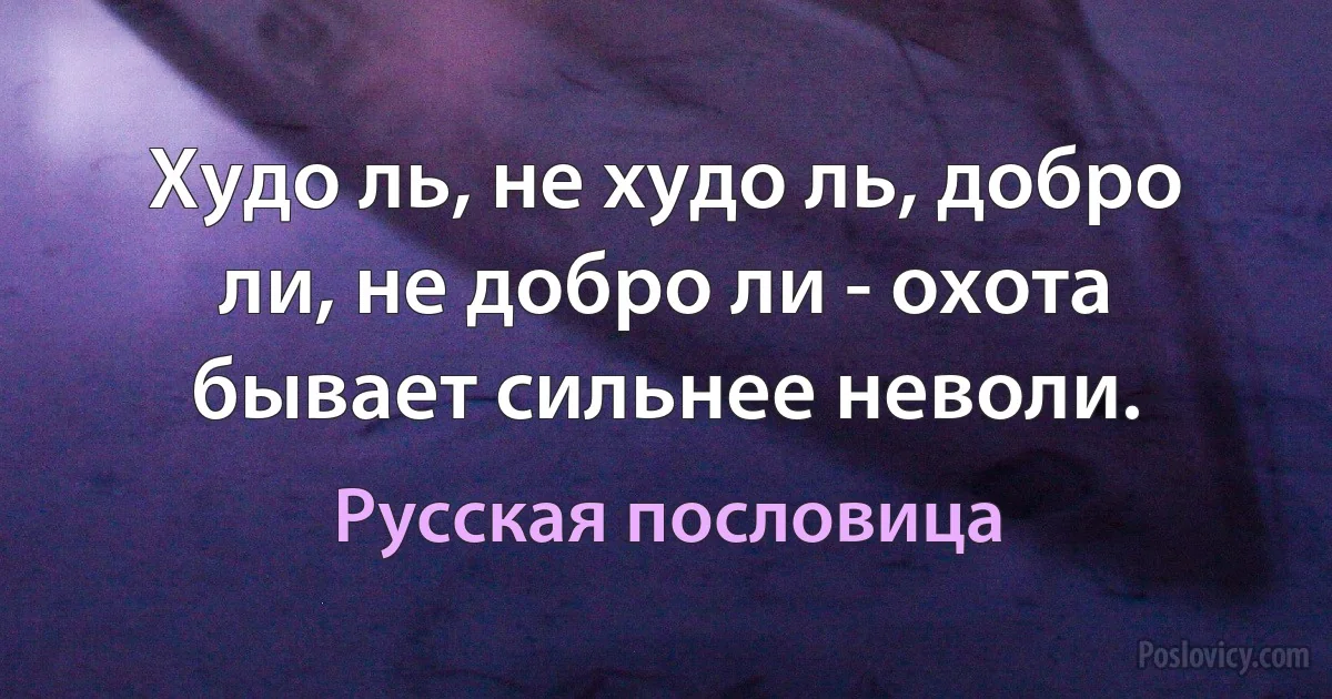 Худо ль, не худо ль, добро ли, не добро ли - охота бывает сильнее неволи. (Русская пословица)