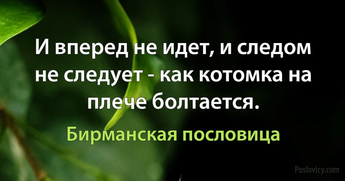 И вперед не идет, и следом не следует - как котомка на плече болтается. (Бирманская пословица)