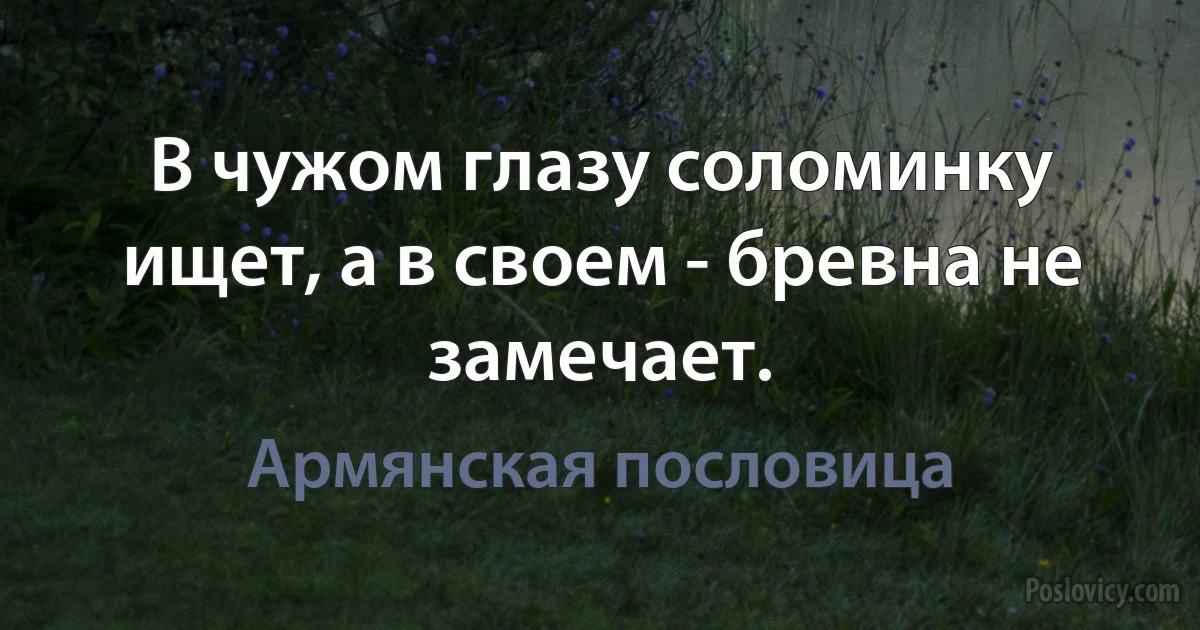 В чужом глазу соломинку ищет, а в своем - бревна не замечает. (Армянская пословица)